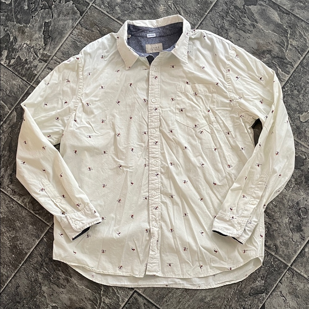 JACHS NY Men’s Off-White Ski Print Soft Cotton Button-Down Preppy Casual Shirt